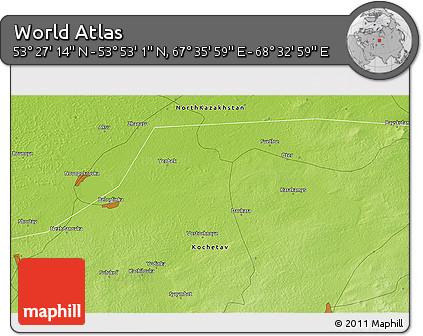 Physical 3D Map of the Area around 53° 40' 8" N, 68° 4' 29" E