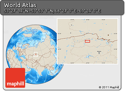 Shaded Relief Location Map of the Area around 53° 40' 8" N, 68° 55' 30" E