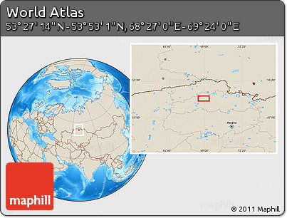 Shaded Relief Location Map of the Area around 53° 40' 8" N, 68° 55' 30" E