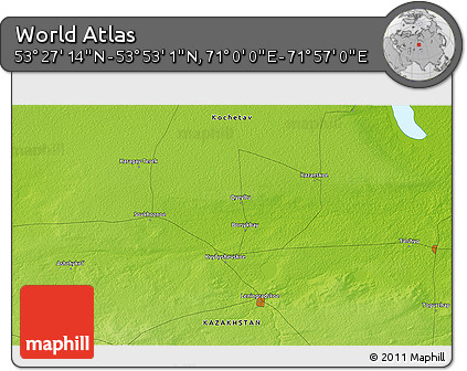 Physical 3D Map of the Area around 53° 40' 8" N, 71° 28' 29" E