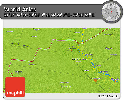 Physical 3D Map of the Area around 53° 40' 8" N, 74° 52' 30" E