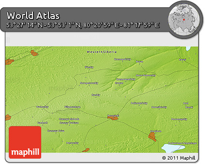 Physical 3D Map of the Area around 53° 40' 8" N, 80° 49' 29" E