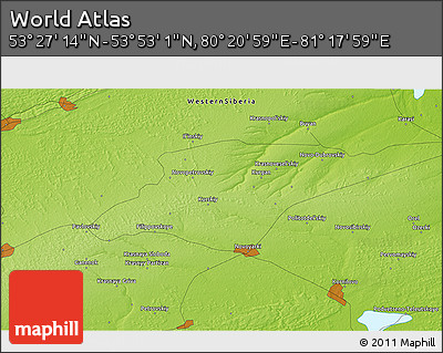 Physical 3D Map of the Area around 53° 40' 8" N, 80° 49' 29" E