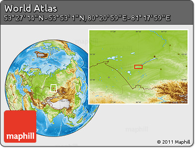 Physical Location Map of the Area around 53° 40' 8" N, 80° 49' 29" E