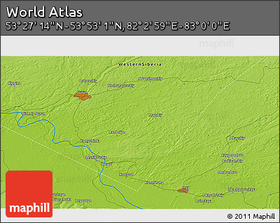 Physical 3D Map of the Area around 53° 40' 8" N, 82° 31' 30" E