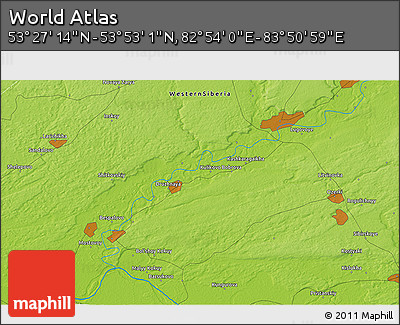 Physical 3D Map of the Area around 53° 40' 8" N, 83° 22' 30" E