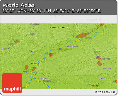 Physical 3D Map of the Area around 53° 40' 8" N, 83° 22' 30" E