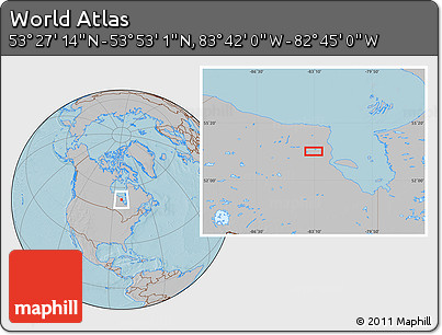 Gray Location Map of the Area around 53° 40' 8" N, 83° 13' 29" W, hill shading