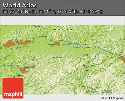 Physical 3D Map of the Area around 53° 40' 8" N, 87° 37' 30" E