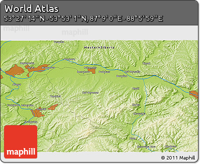 Physical 3D Map of the Area around 53° 40' 8" N, 87° 37' 30" E