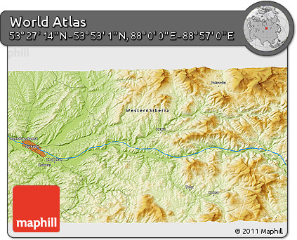 Physical 3D Map of the Area around 53° 40' 8" N, 88° 28' 29" E