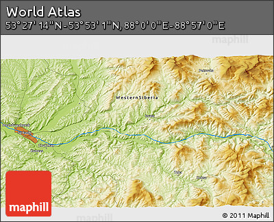Physical 3D Map of the Area around 53° 40' 8" N, 88° 28' 29" E