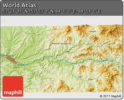 Physical 3D Map of the Area around 53° 40' 8" N, 88° 28' 29" E