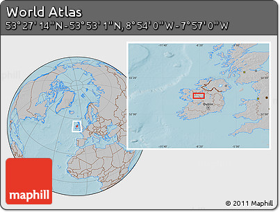 Gray Location Map of the Area around 53° 40' 8" N, 8° 25' 30" W, hill shading