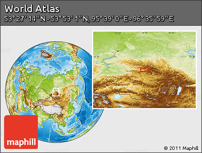 Physical Location Map of the Area around 53° 40' 8" N, 96° 7' 30" E