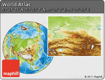 Physical Location Map of the Area around 53° 40' 8" N, 96° 7' 30" E