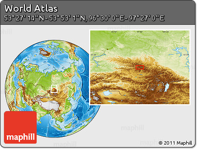Physical Location Map of the Area around 53° 40' 8" N, 96° 58' 29" E
