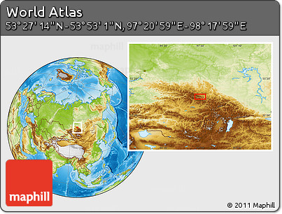 Physical Location Map of the Area around 53° 40' 8" N, 97° 49' 29" E