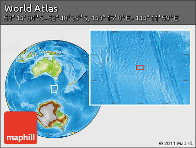 Physical Location Map of the Area around 53° 1' 29" S, 143° 43' 29" E