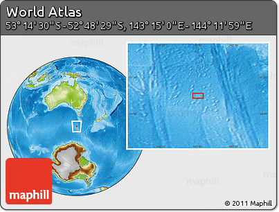 Physical Location Map of the Area around 53° 1' 29" S, 143° 43' 29" E