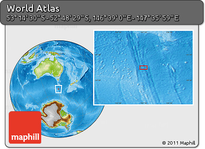 Physical Location Map of the Area around 53° 1' 29" S, 147° 7' 30" E