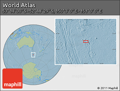Savanna Style Location Map of the Area around 53° 1' 29" S, 150° 31' 30" E, hill shading