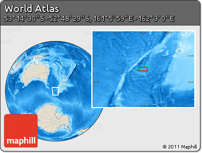 Shaded Relief Location Map of the Area around 53° 1' 29" S, 161° 34' 29" E
