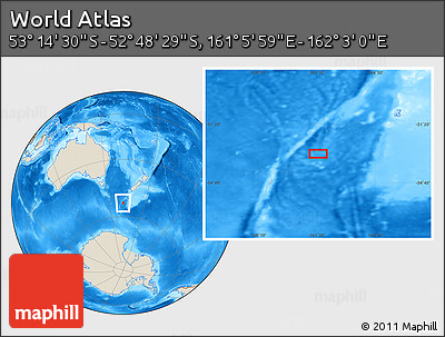 Shaded Relief Location Map of the Area around 53° 1' 29" S, 161° 34' 29" E