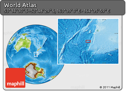 Physical Location Map of the Area around 53° 1' 29" S, 164° 7' 30" E