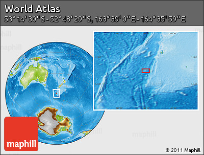 Physical Location Map of the Area around 53° 1' 29" S, 164° 7' 30" E