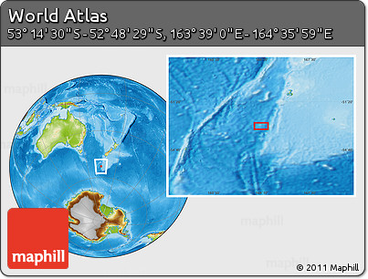 Physical Location Map of the Area around 53° 1' 29" S, 164° 7' 30" E