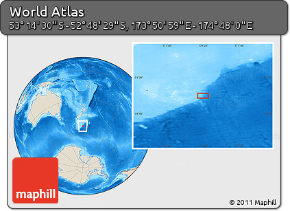 Shaded Relief Location Map of the Area around 53° 1' 29" S, 174° 19' 29" E