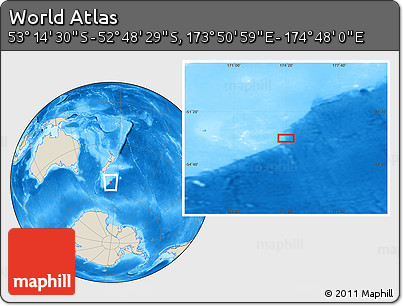 Shaded Relief Location Map of the Area around 53° 1' 29" S, 174° 19' 29" E