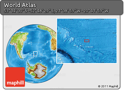 Physical Location Map of the Area around 53° 1' 29" S, 21° 10' 29" W