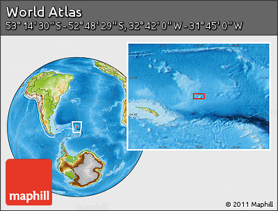 Physical Location Map of the Area around 53° 1' 29" S, 32° 13' 30" W