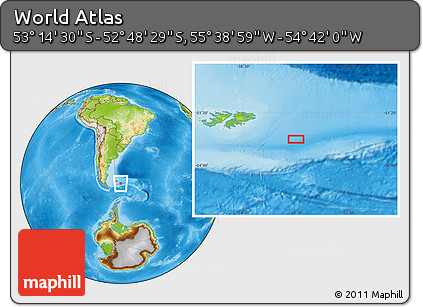 Physical Location Map of the Area around 53° 1' 29" S, 55° 10' 29" W