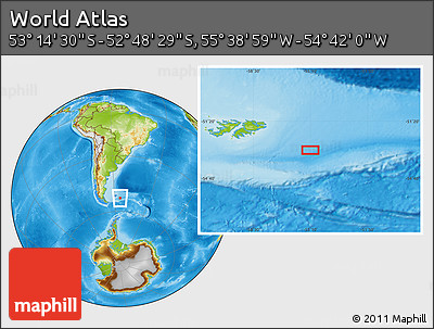 Physical Location Map of the Area around 53° 1' 29" S, 55° 10' 29" W
