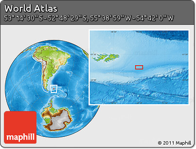 Physical Location Map of the Area around 53° 1' 29" S, 55° 10' 29" W