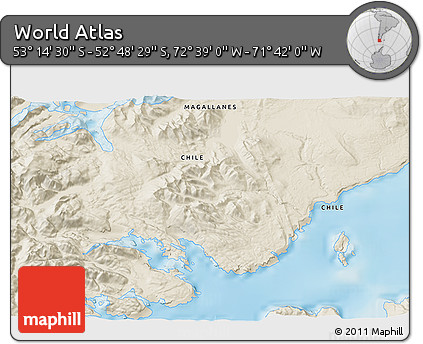 Shaded Relief 3D Map of the Area around 53° 1' 29" S, 72° 10' 30" W