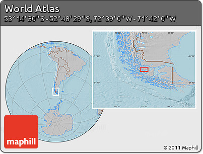 Gray Location Map of the Area around 53° 1' 29" S, 72° 10' 30" W, hill shading