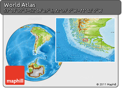 Physical Location Map of the Area around 53° 1' 29" S, 72° 10' 30" W