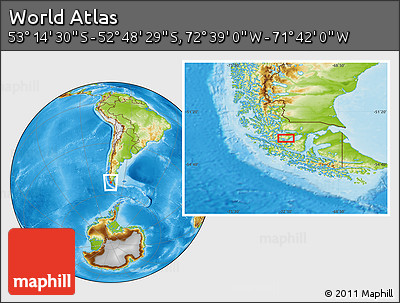 Physical Location Map of the Area around 53° 1' 29" S, 72° 10' 30" W