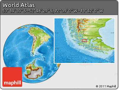 Physical Location Map of the Area around 53° 1' 29" S, 72° 10' 30" W
