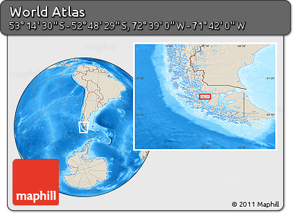 Shaded Relief Location Map of the Area around 53° 1' 29" S, 72° 10' 30" W