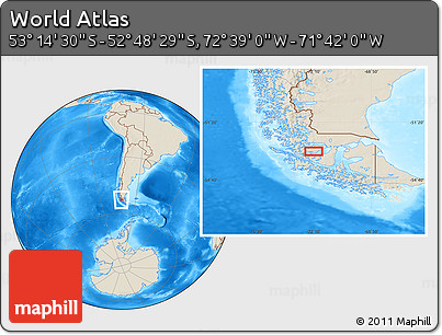 Shaded Relief Location Map of the Area around 53° 1' 29" S, 72° 10' 30" W
