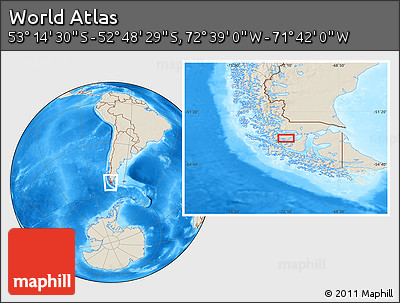 Shaded Relief Location Map of the Area around 53° 1' 29" S, 72° 10' 30" W