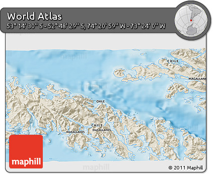 Shaded Relief 3D Map of the Area around 53° 1' 29" S, 73° 52' 30" W