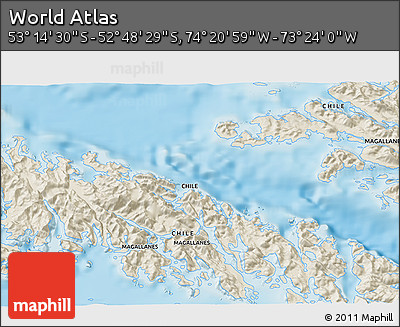 Shaded Relief 3D Map of the Area around 53° 1' 29" S, 73° 52' 30" W