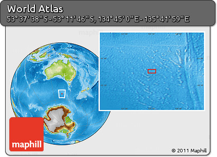 Physical Location Map of the Area around 53° 24' 42" S, 135° 13' 29" E