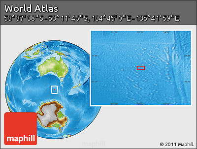 Physical Location Map of the Area around 53° 24' 42" S, 135° 13' 29" E
